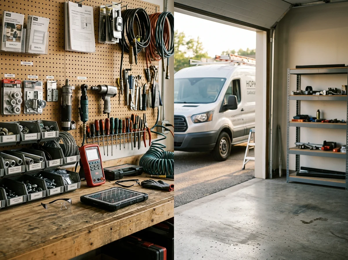 Professional home service technician with tools and equipment ready for garage door, air duct, or chimney work.