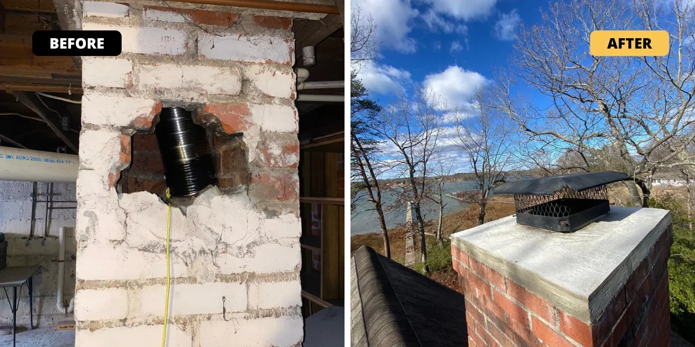 Brick chimney with new metal cap and concrete crown installed on residential structure