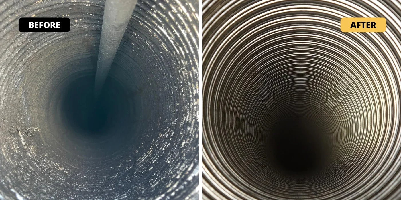 Before and after dryer vent duct cleaning showing lint removal from metal ductwork