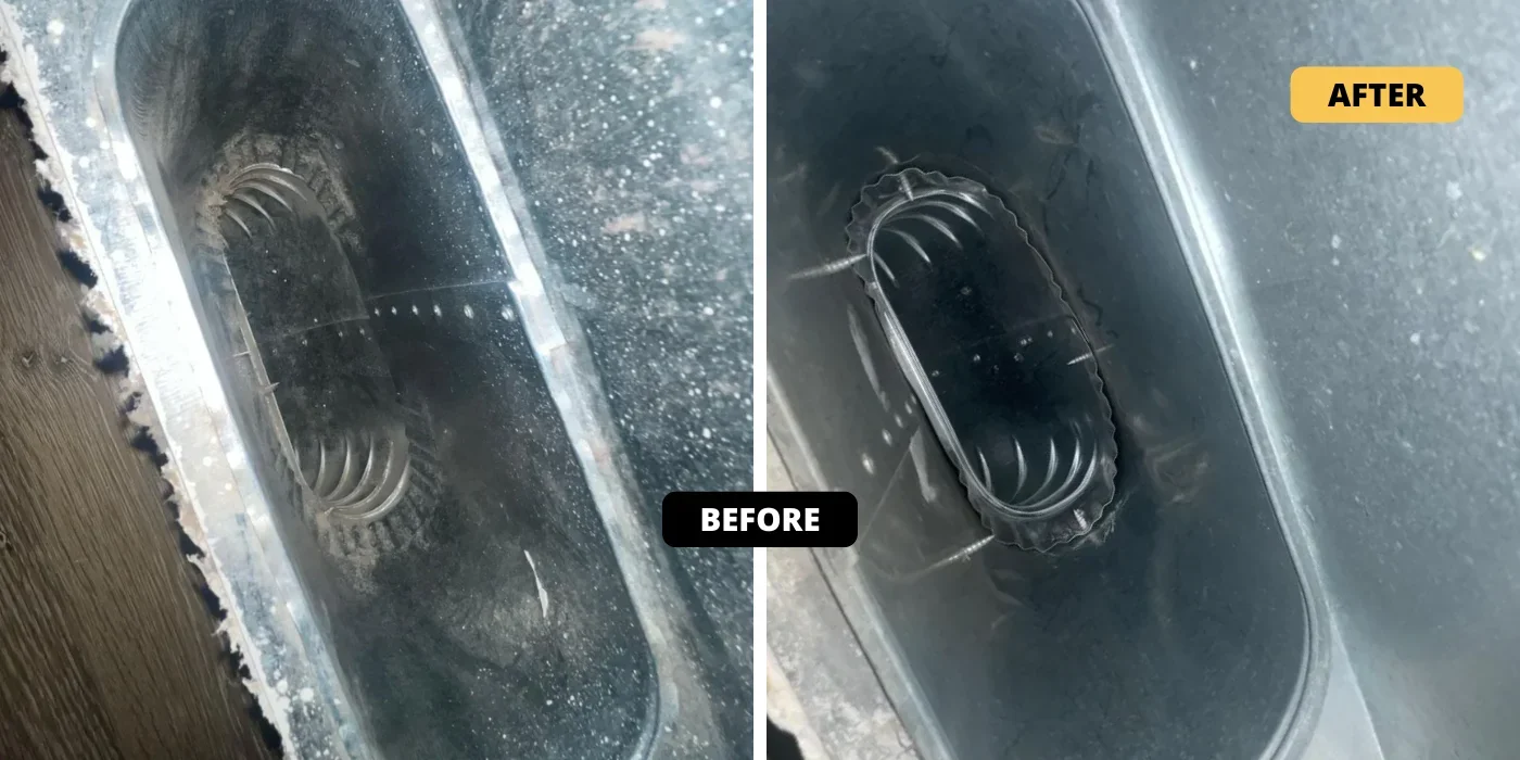 Before and after dryer vent cleaning showing lint removal from metal ductwork