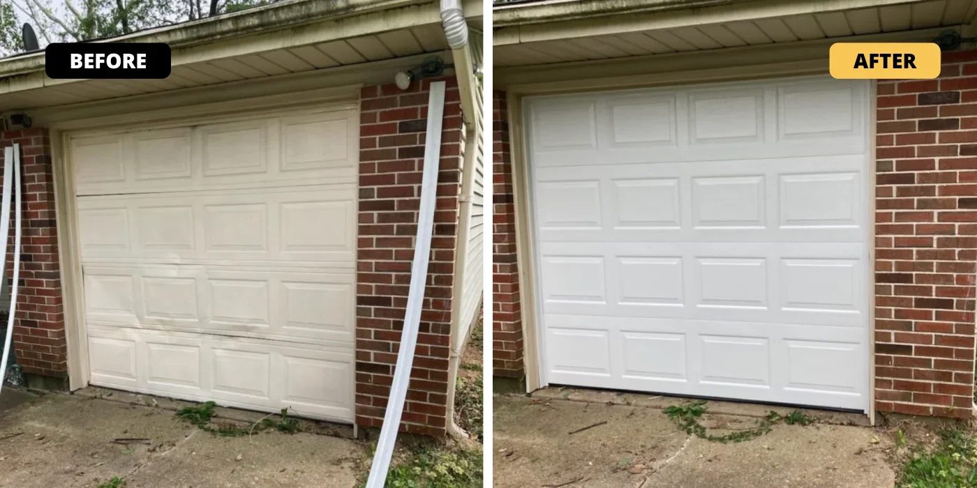 Before and after garage door replacement with white nine-panel door on brick garage