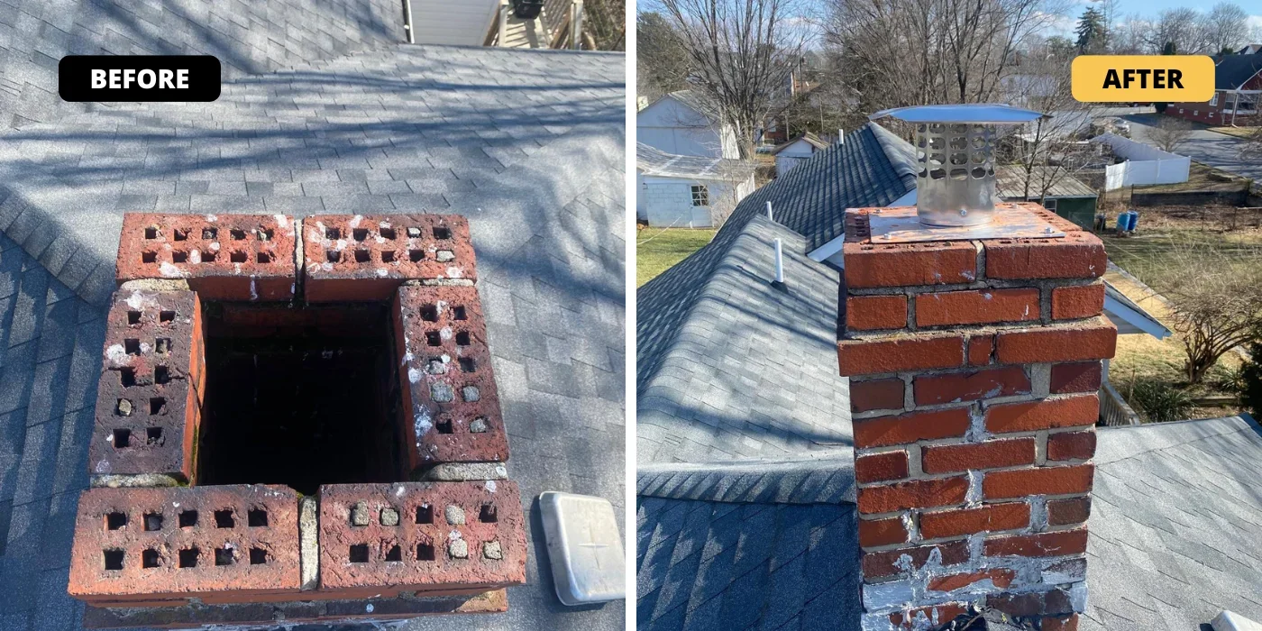 Brick chimney rebuild with new mortar joints and metal cap installation on residential roof