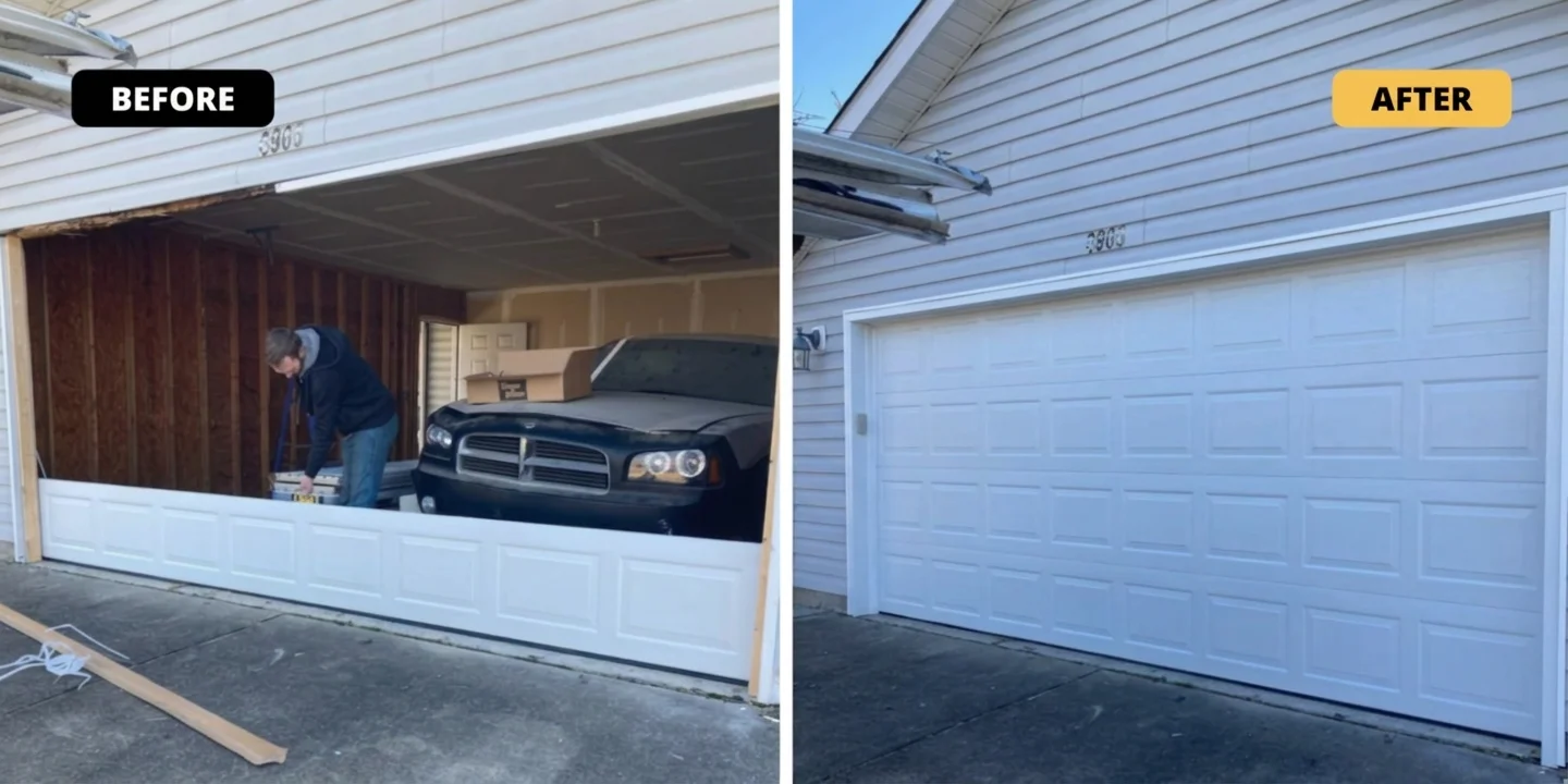 Before and after garage door replacement with white raised-panel door installation