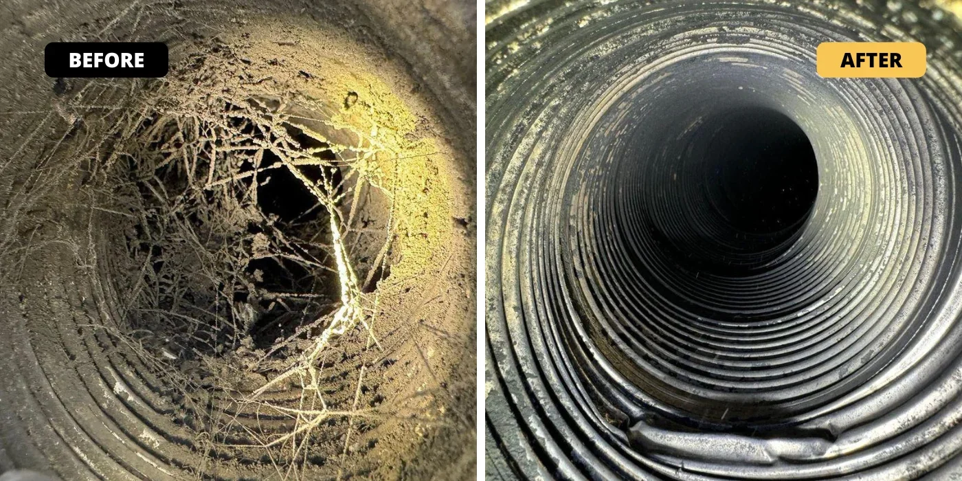 Before and after air duct cleaning showing debris removal and duct restoration