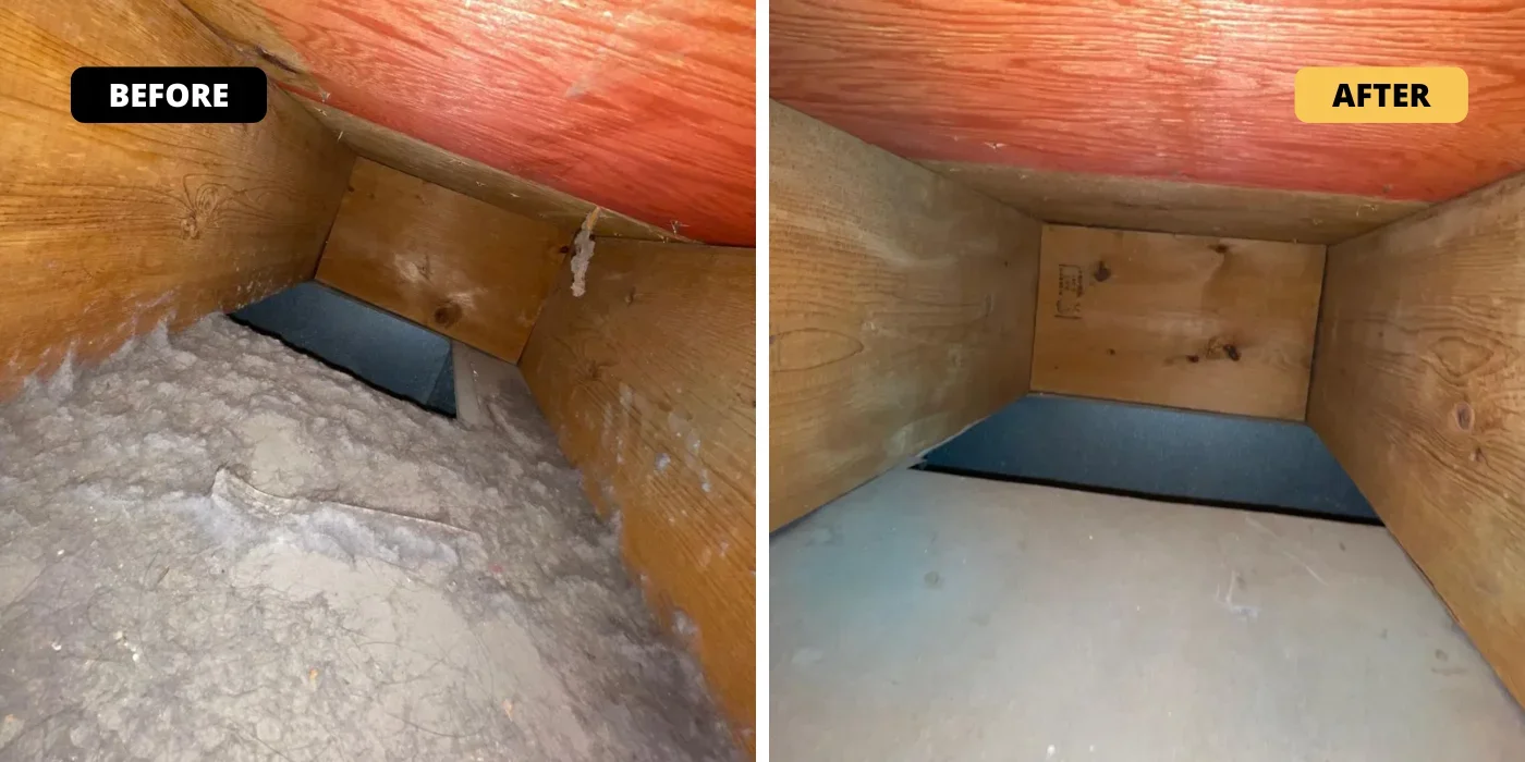 Crawl space with vapor barrier, foam insulation, and wooden framing before and after cleaning