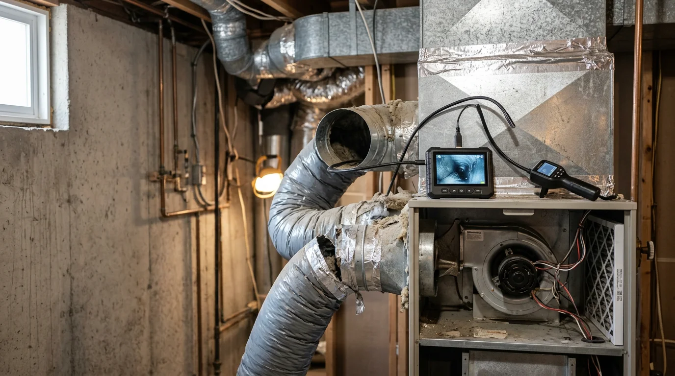 A technician inspecting residential air duct registers and ductwork inside a Hopkins, Minnesota home. The image shows a close view of supply vents and duct connections being evaluated for leaks and buildup.