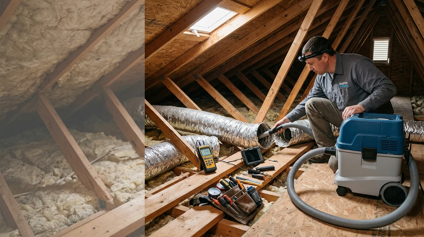 A technician checking duct connections and airflow at a vent register inside a Hopkins, Minnesota home. The image shows a residential duct system being inspected for restrictions and early signs of wear.