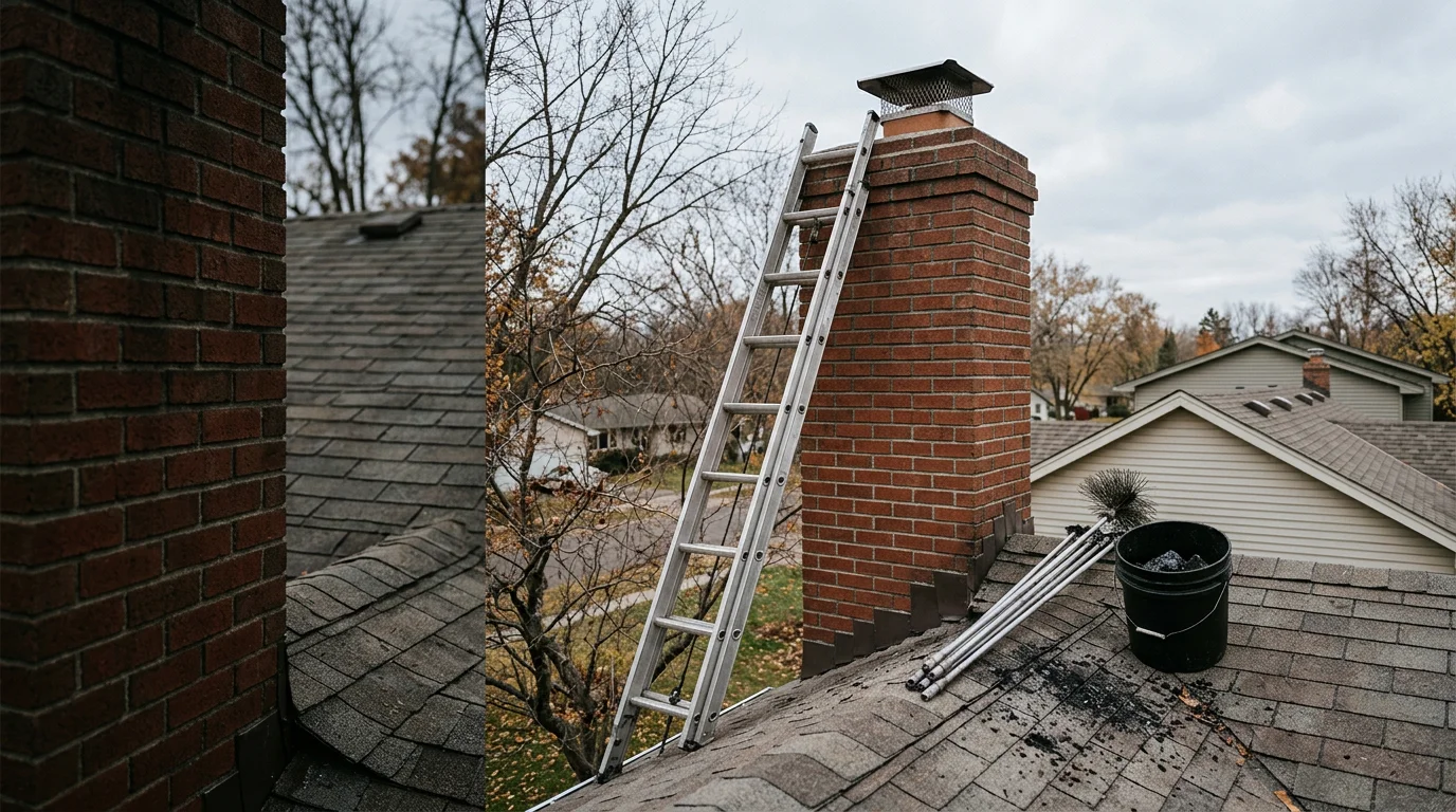 A chimney technician cleaning a residential flue in a Hopkins, Minnesota home, with professional tools and drop cloths protecting the fireplace surround. Close-up view of a clean brick chimney interior after soot and creosote removal.