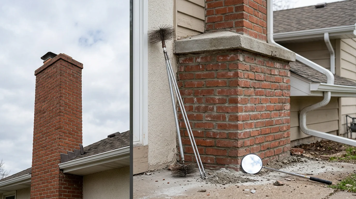 A brick chimney on a Hopkins, Minnesota home showing a clean crown and intact mortar joints after professional chimney maintenance. A technician reviews the flue opening from the rooftop against a clear Minnesota sky.