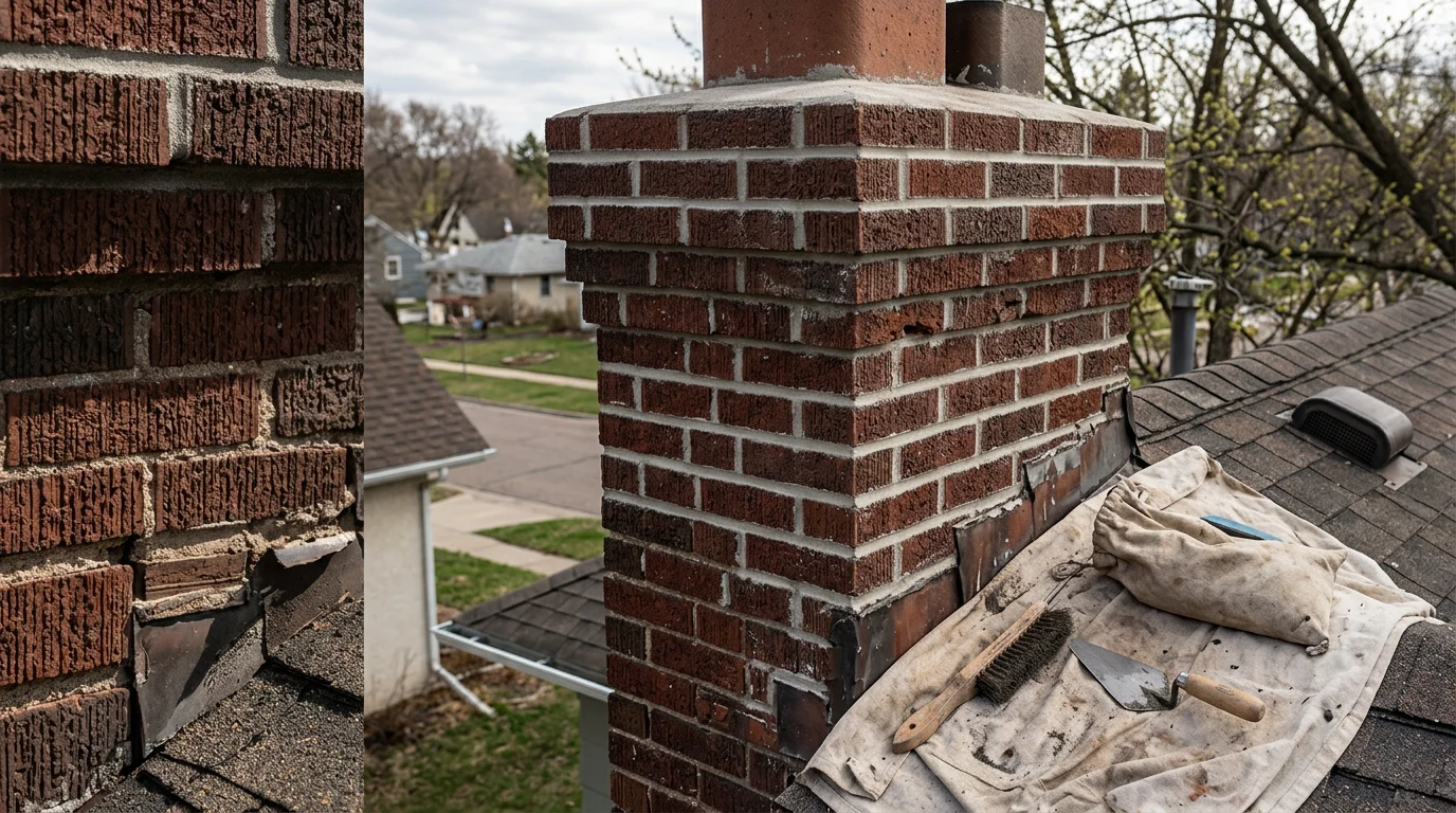 A brick chimney on a Hopkins, Minnesota home showing repaired mortar joints and a restored crown after freeze-thaw damage. Close-up view of tuckpointed masonry with clean, solid joints against a residential roofline.