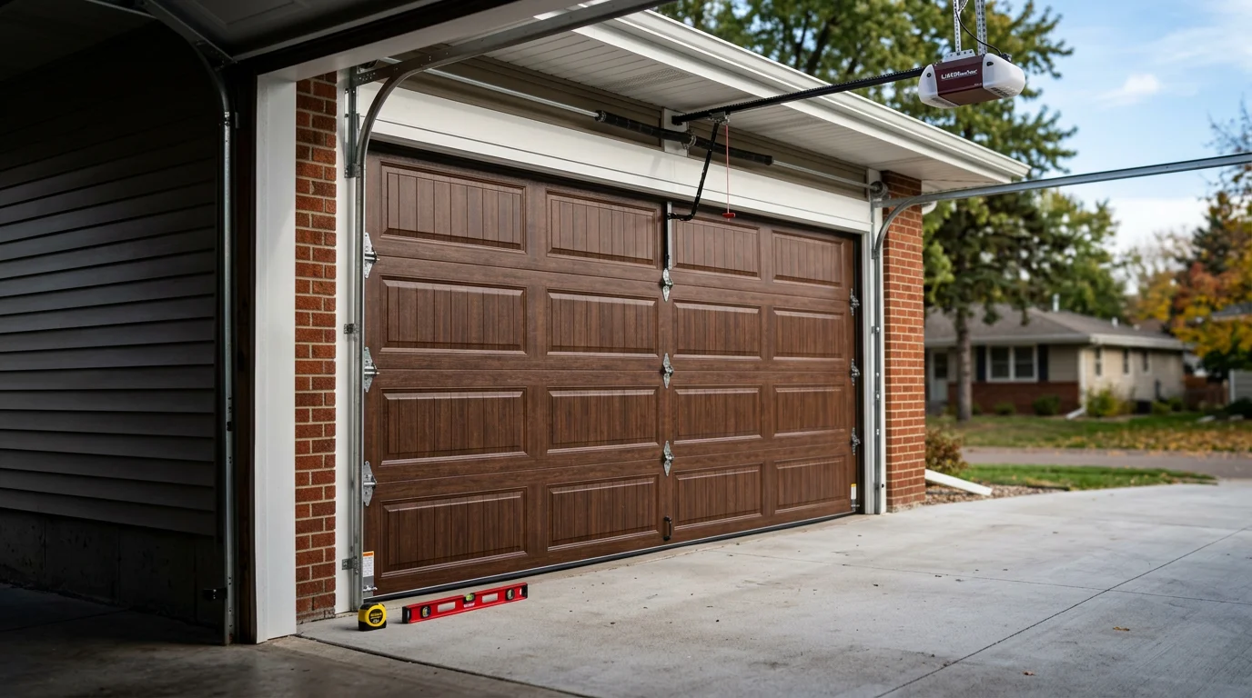 A newly installed residential garage door on a single-family home in Hopkins, Minnesota. The door is fully aligned and closed, with clean panel lines visible against a typical suburban home exterior.