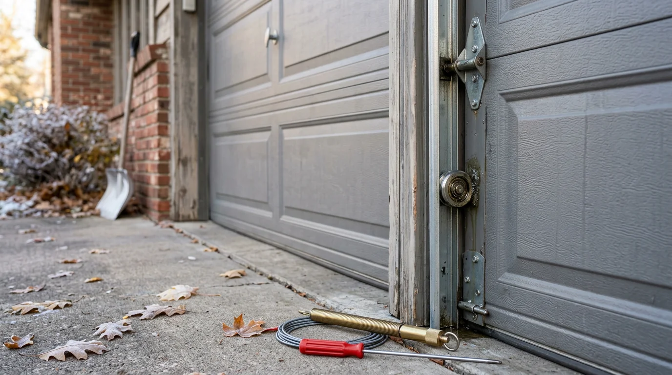 A SpeedQuick Inc technician inspecting and lubricating the rollers and hinges of a residential garage door in Hopkins, Minnesota. The door is open and the technician is working on the track hardware inside an attached suburban garage.