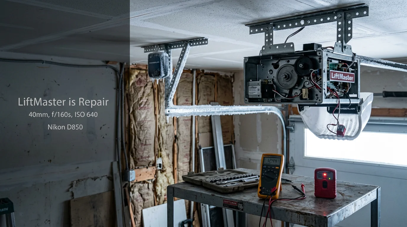 A garage door opener motor unit mounted on the ceiling of a residential garage in Hopkins, Minnesota, with the door in the closed position and a technician inspecting the drive rail and sensor wiring.