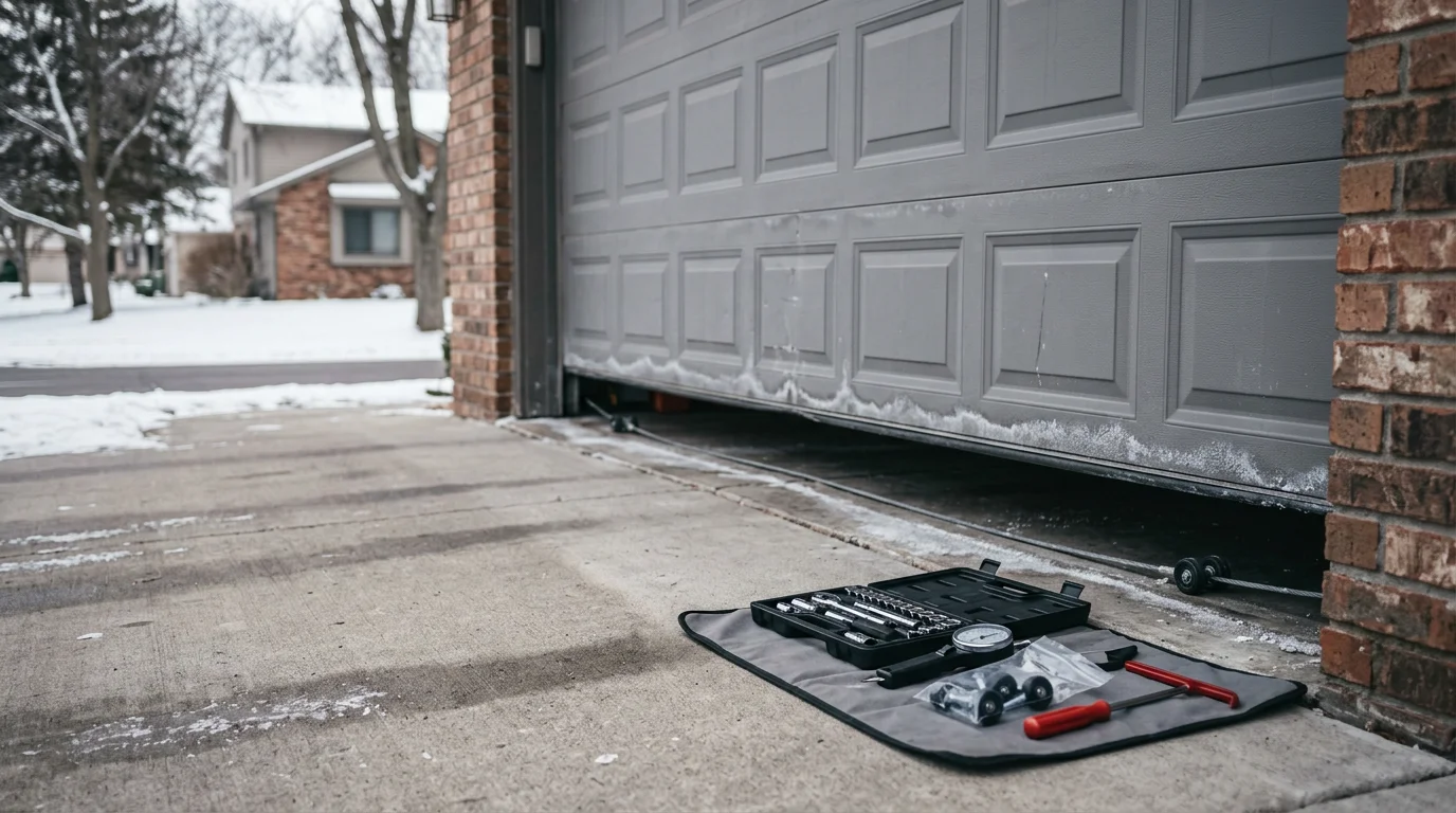 A residential garage door in Hopkins, Minnesota being inspected and repaired by a technician, with the door panel and track hardware visible. The home exterior shows a typical Twin Cities suburban setting.