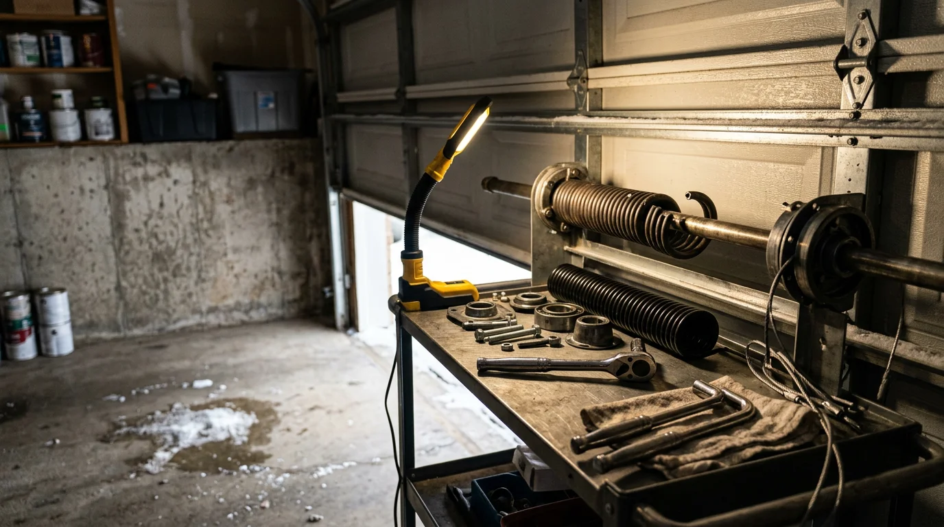 A garage door torsion spring mounted above a residential garage door in Hopkins, Minnesota, showing the spring assembly after a professional repair service. The door is fully closed and properly balanced in a typical suburban home setting.