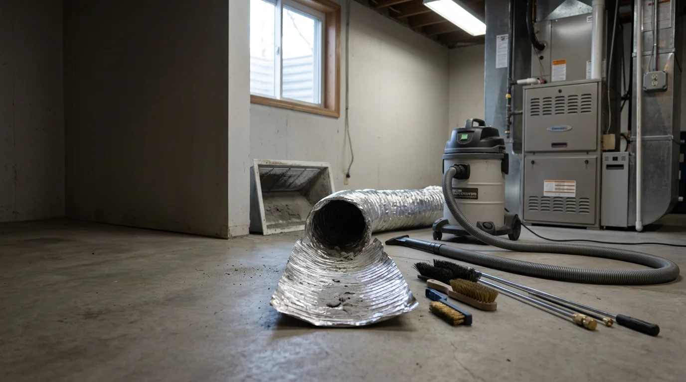 A SpeedQuick Inc technician cleaning residential air ducts inside a Hopkins, Minnesota home, with duct access panels open and cleaning equipment connected to the supply lines.